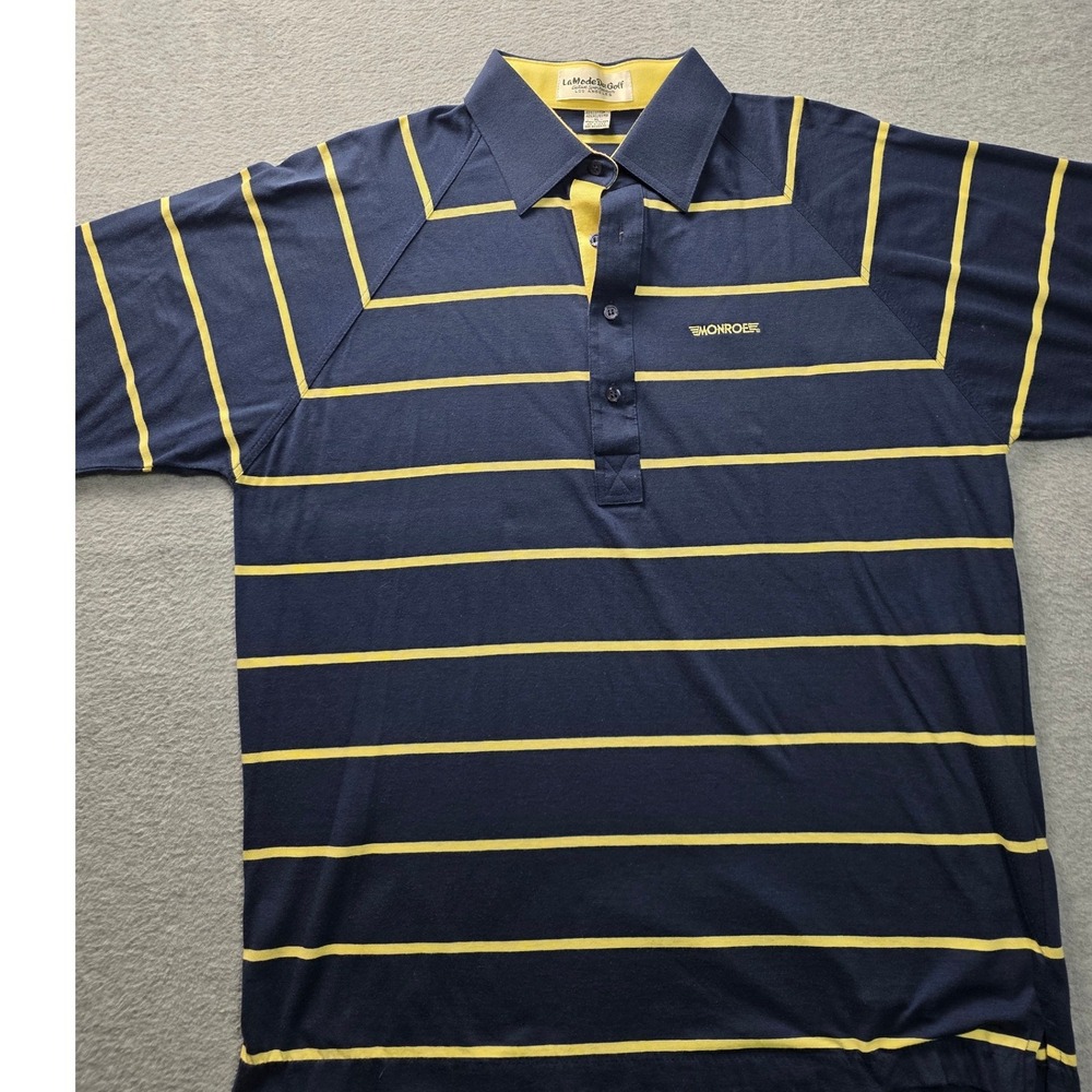 La Mode Du Golf Polo‎ Shirt Mens XL Navy Blue Yellow Striped Monroe The A Team
